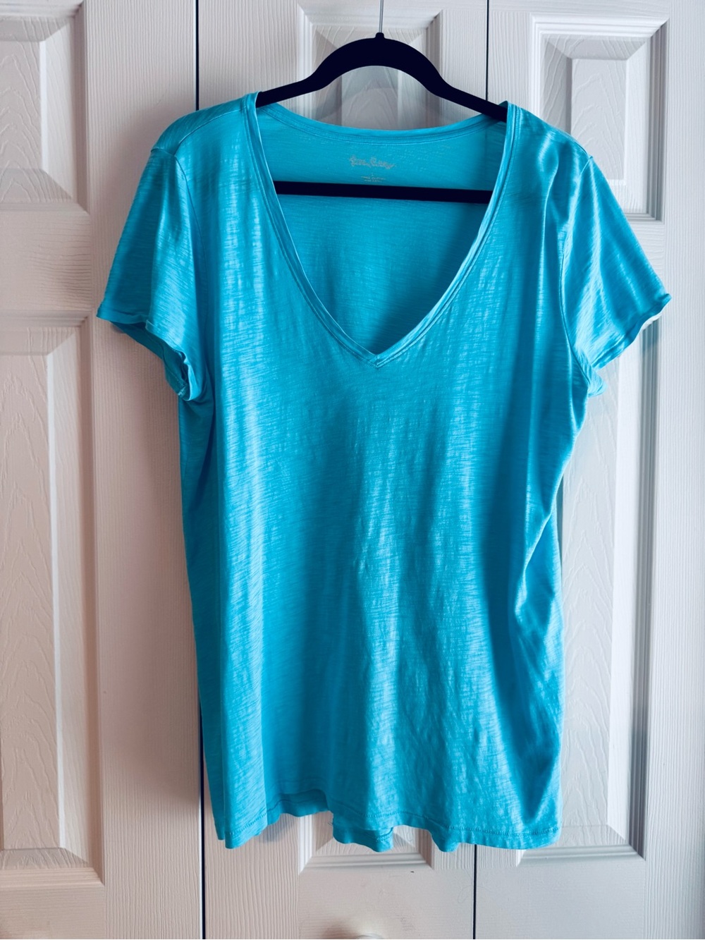 LILLY PULITZER Etta V-Neck Top, Turquoise, Teal, Size Large, EUC